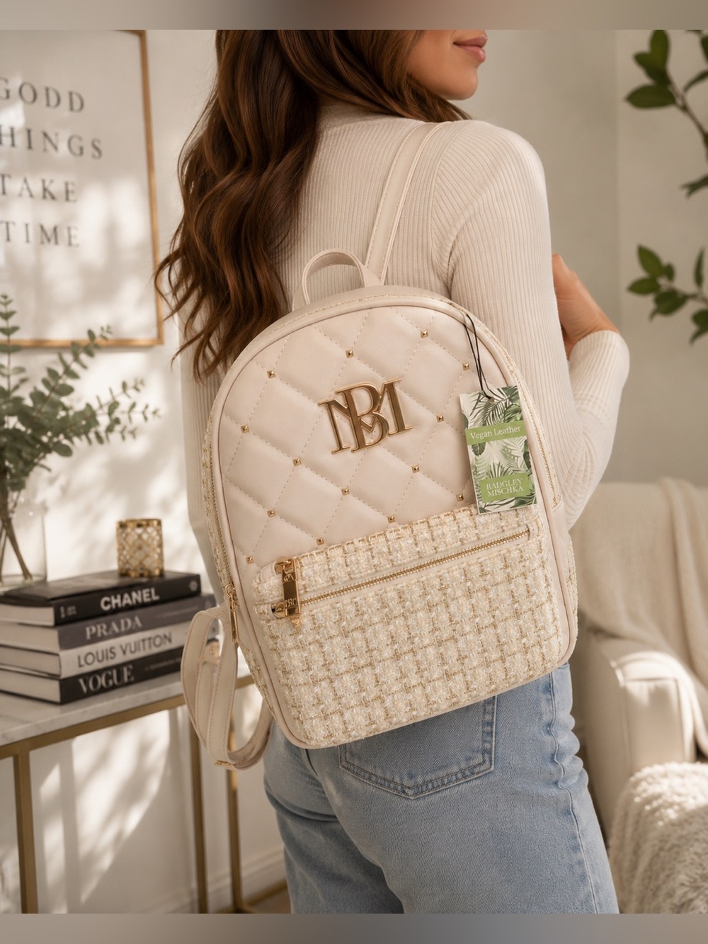 New Badgley Mischka Cream Quilted Vegan Leather Tweed Backpack with Gold Hardwar - Picture 2 of 5